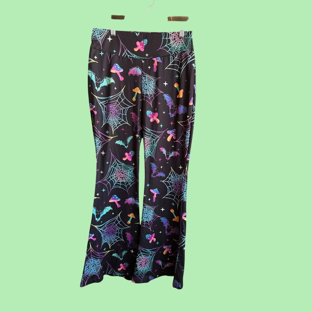 Psychedelic Spiderweb Mushroom Flare Pants Black Neon Mall Goth Bats 28x30.5